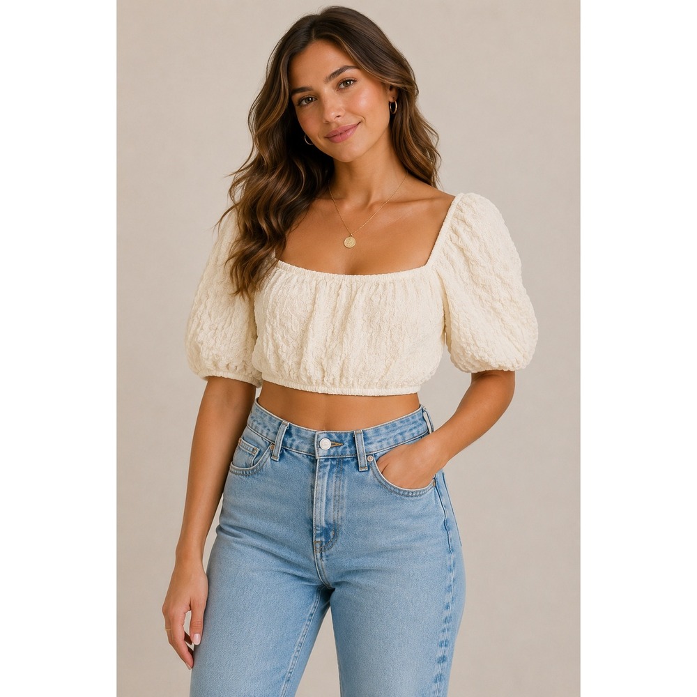 Cream Smocked Puff Sleeve Crop Top Zara Square Neck Cottagecore Blouse S